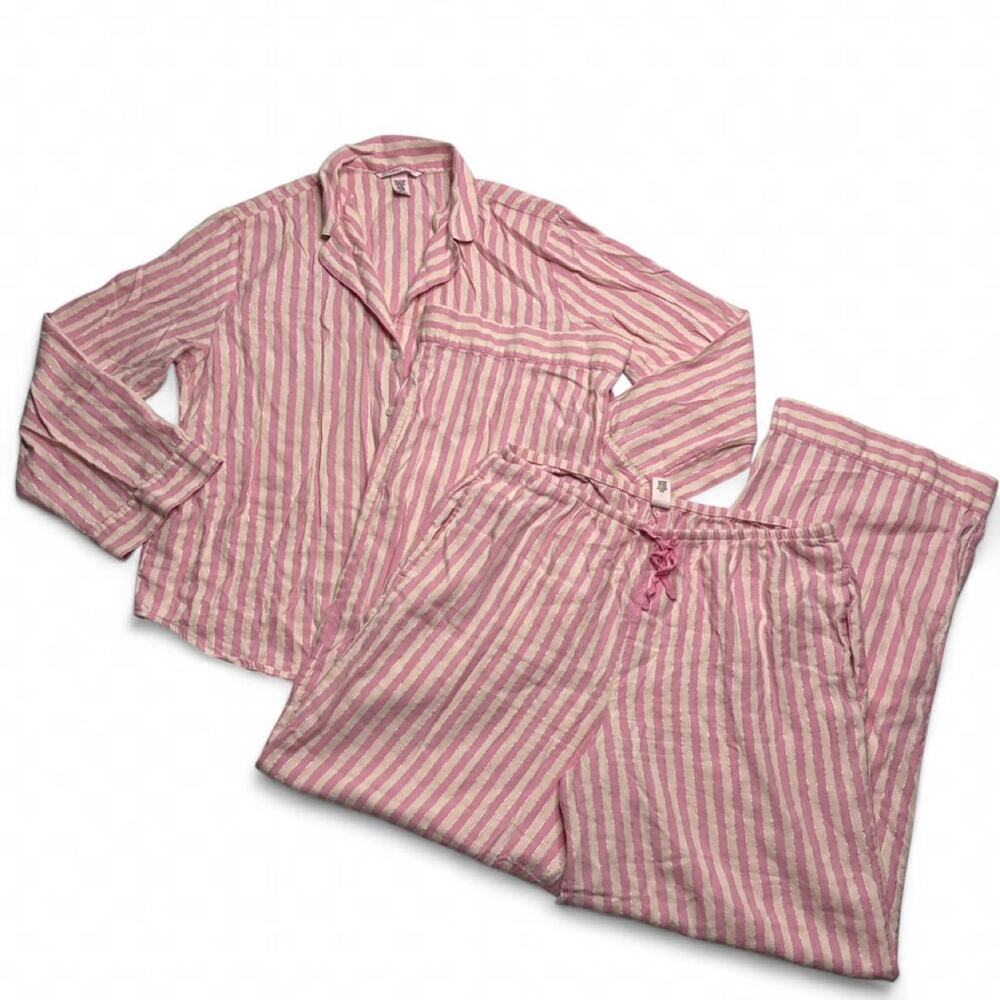 Victorias Secret Iconic Pink Striped Cotton Pjs Set women’s size M